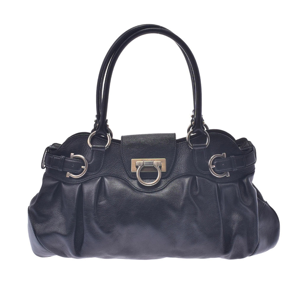 Salvatore Ferragamo Gancini Handbag Black Calfskin Tote Bag